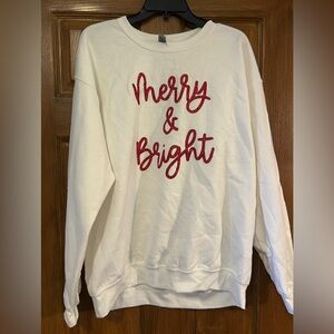 White Sweatshirt with Red 'Merry & Bright' Text